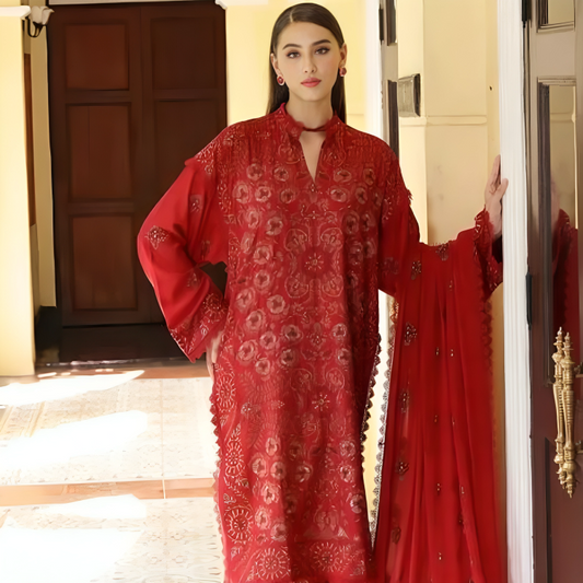 DHANAK 3PC EMBROIDERED DRESS EMBROIDERED SHAWL A 1041